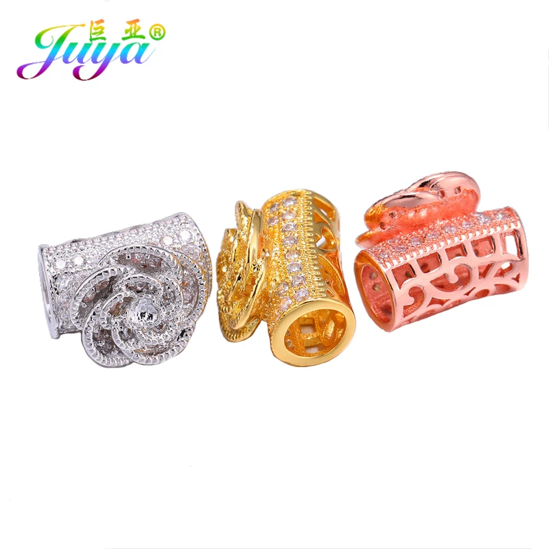 Juya Copper Spacer Charm Beads Supplies Micro Pave Cubic Zirconia Big Hole Tube Beads For Handmade Beading Jewelry Making
