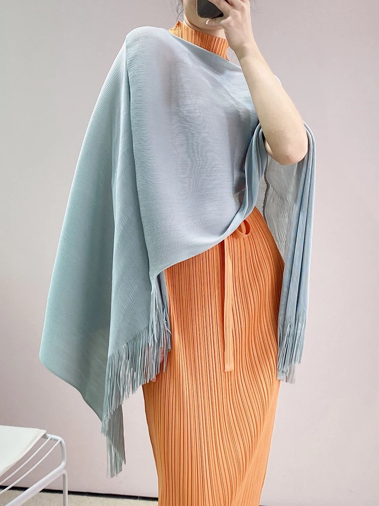 

2021 Four Seasons Women's Fringed Shawl Miyak fold Fashionable solid color loose casual fairy fluttering high-end cloak top