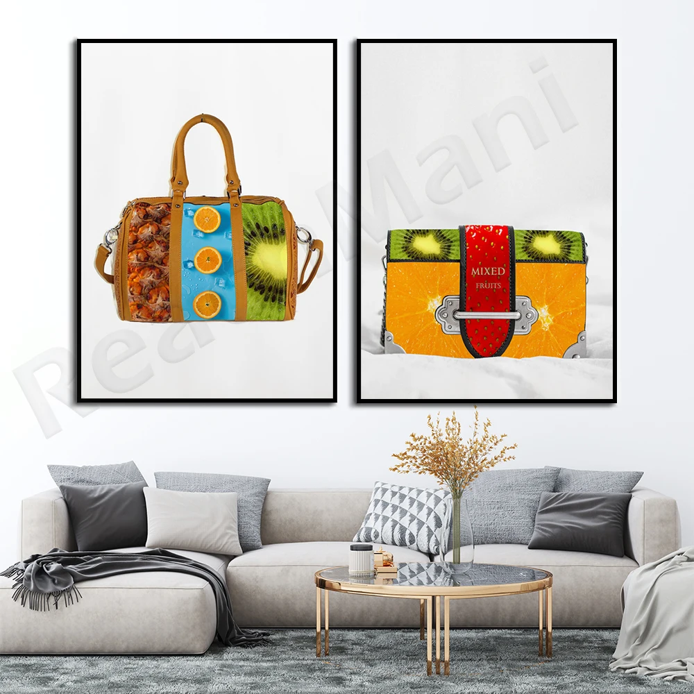 Mixed media art, fashion woman fruit bag, fruit mixed tropical art print, fashion accessory decoration poster