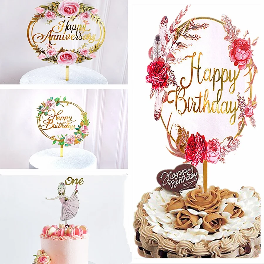 Nuevas flores de colores, adorno para tarta de feliz cumpleaños, acrílico dorado, decoración de postres para fiesta de cumpleaños para Baby shower, suministros para hornear Decoración de la torta del banquete de boda