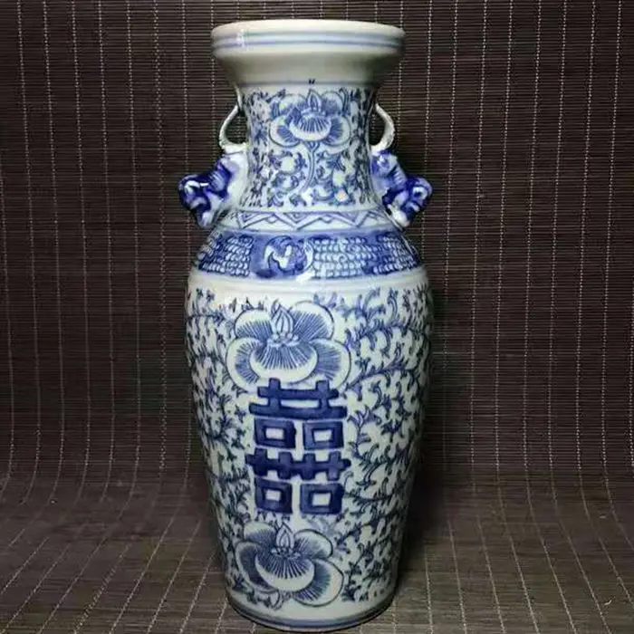 Hand Painted Double Happiness Symbol Vase Old China Blue White Porcelain Double Ear Decorative Item