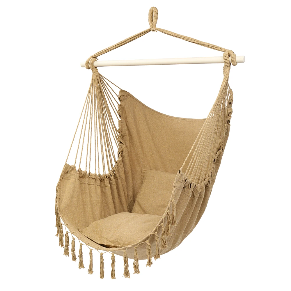 Hanging Rope Chair with Tassel Plus Pillow 1.5*1.2M Polyester Cotton Lightweight Easy Assemble Suitable for Outdoor[US-Stock]