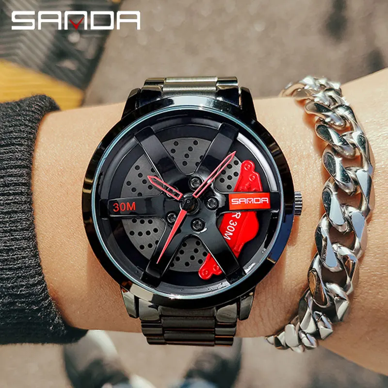 

SANDA Fashion Rim Watch Hub Custom Design Sports Car Rim Sports Watch Waterproof Creative 2021 Male Watch Mens Wheel Wristwatch