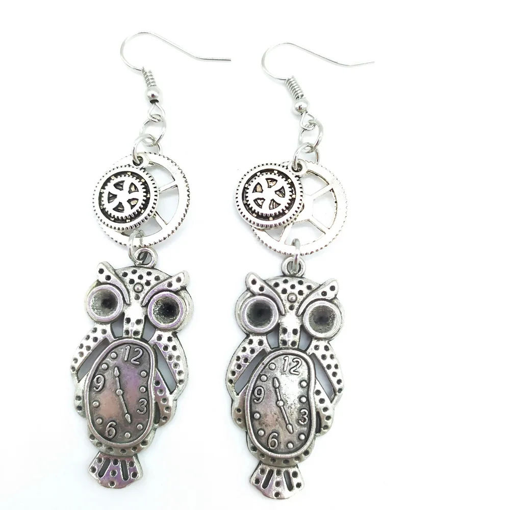 Steampunk Owl Earrings with Clock & Gear Details-Vintage Style Statement Jewelry for Women