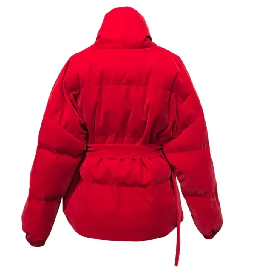 Casaco de inverno feminino com cinto de algodão grosso quente acolchoado parkas jaqueta de veludo vermelho manga longa curta casual para baixo