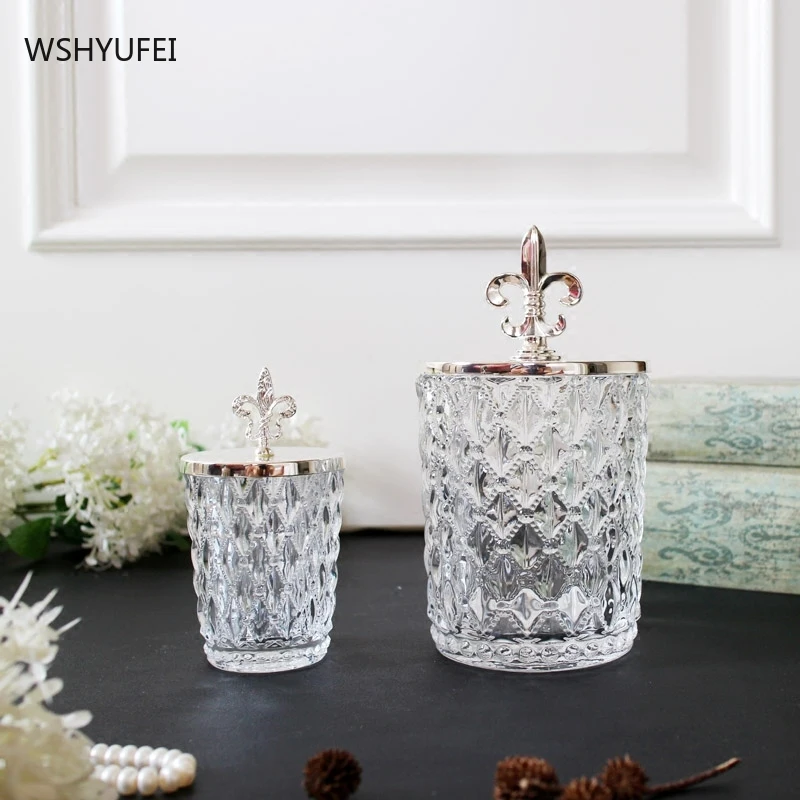 European style iris flower chromed metal wine bottle cap vintage crystal glass carved storage tank cotton swab box candy jar