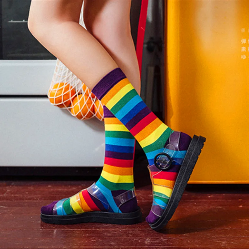 1 Pair New Arrival Cotton Elasticity Sweat Women Long Sock Candy Colors Rainbow Striped Sporty Meias Retro Harajuku Casual Socks