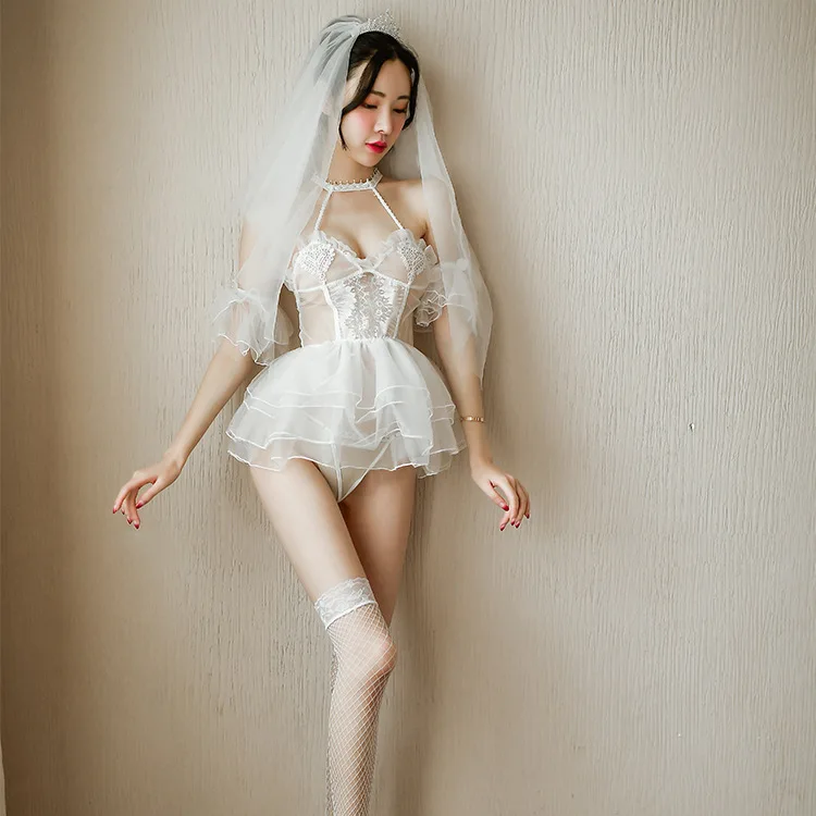 Sexy Women Porn White Bride Wedding Dress Erotic Cosplay Sex Costumes Lace Sling Lingerie Fishnet Stockings Set Bride Uniforms