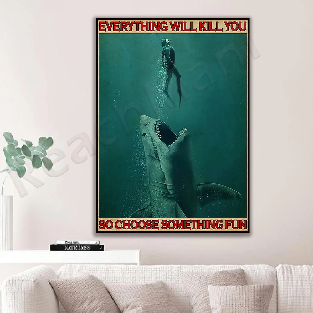 Scuba diving poster, everything will kill you poster, gift for diving lovers, retro poster