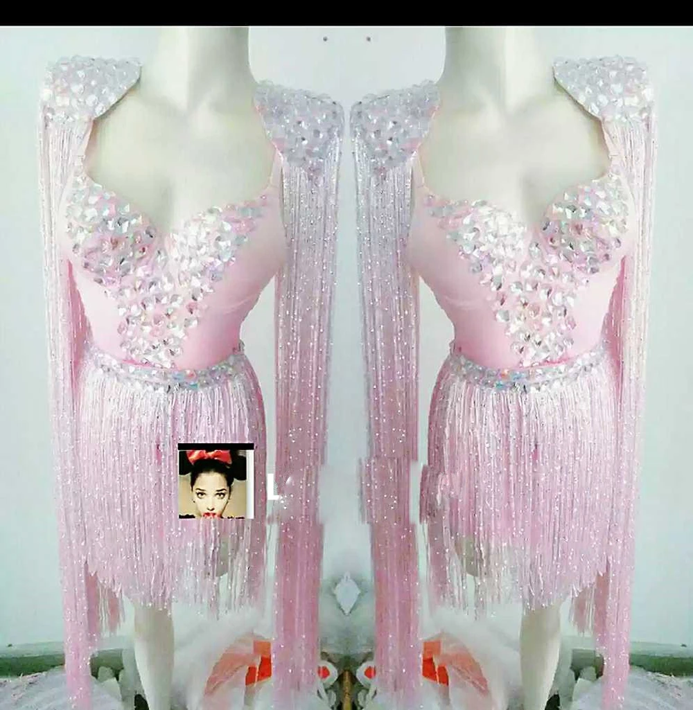 DJ Singer Nightclub Costume Rhinestones Pink Blue Singer Bodysuit Tassels Catsuit Women Stage Wear
