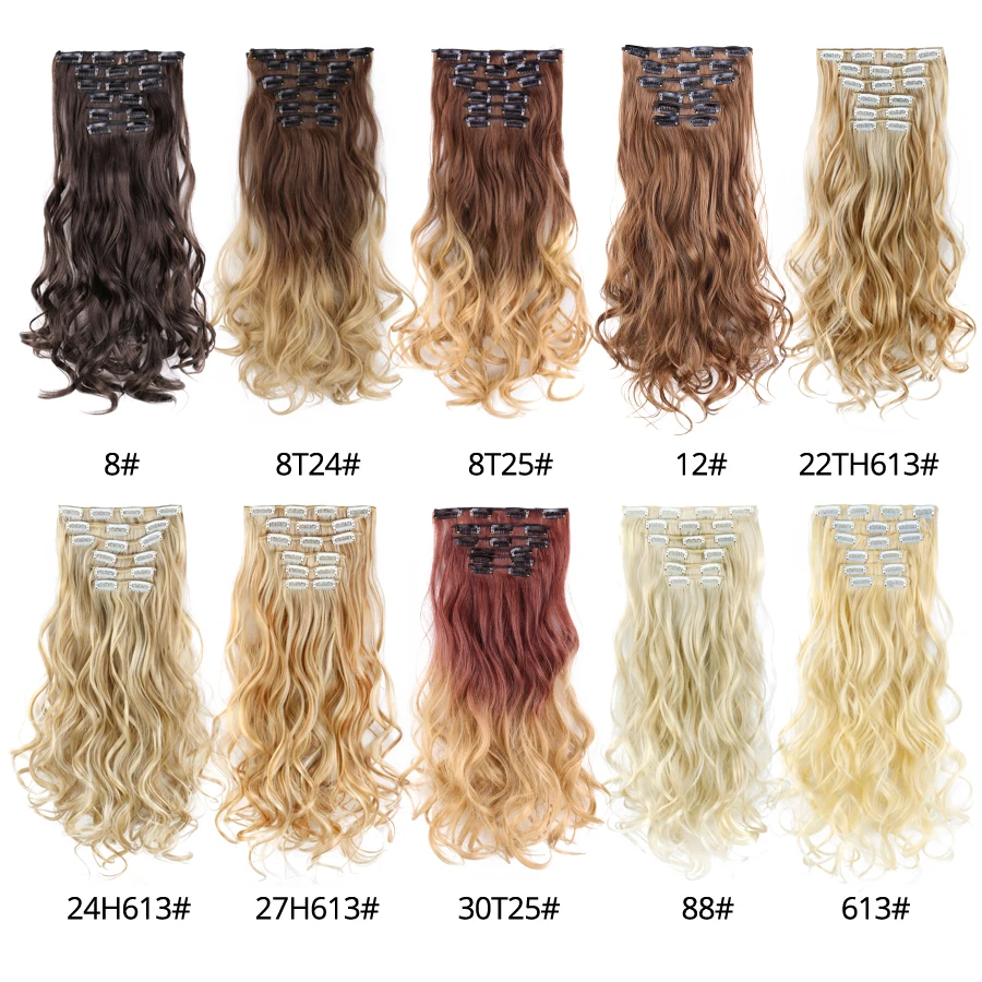 Leeons Synthetic Hair Curly Clip In Wig Extension 16 Clips In Hair Extension Hair Pieces Fake Hair Extension Synthetic 49 Colors