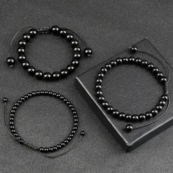 Beaded Bracelet Handmade 4 6 8mm Natural Stone Shiny Black Onyx Beads Bracelets & Bangles Adjustable Size Obsidian Wrist Jewelry