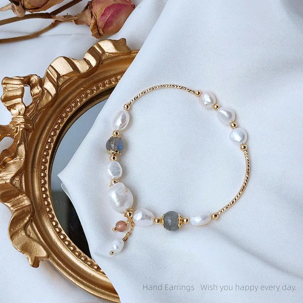 New Arrival 14K Gold Filled Baroque Natural Freshwater Pearl Moonstone Female Bracelet Promotion Jewelry For Women Wedding Gift