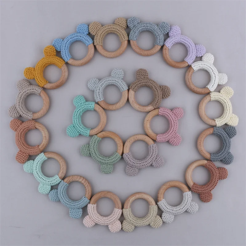 Food Grade drewniane pierścienie nadgarstek niemowlę karmienie koła ukąszenia zabawki DIY Knitting gryzaki dla niemowląt noworodka Fitness rama