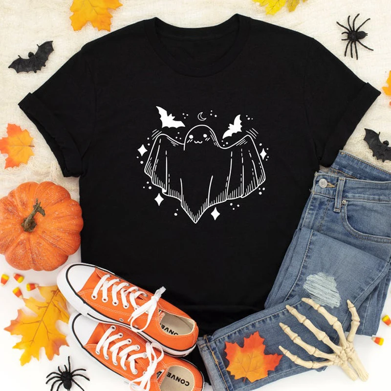 Cute Halloween Ghost Bats T-shirt Spooky Autumn Holiday Graphic Tee Shirt Top Funny Women Boo Halloween Costume Tshirt