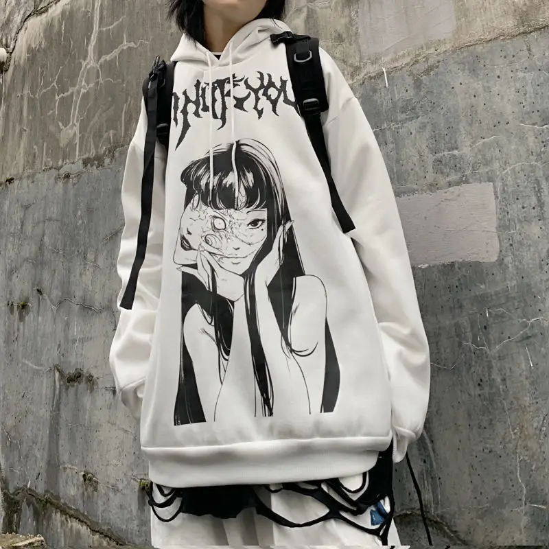 HOUZHOU White Anime Print Hoodies Women Autumn Winter Oversized Hooded Sweatshirt Harajuku Gothic Streetwear Aesthetic Graphic