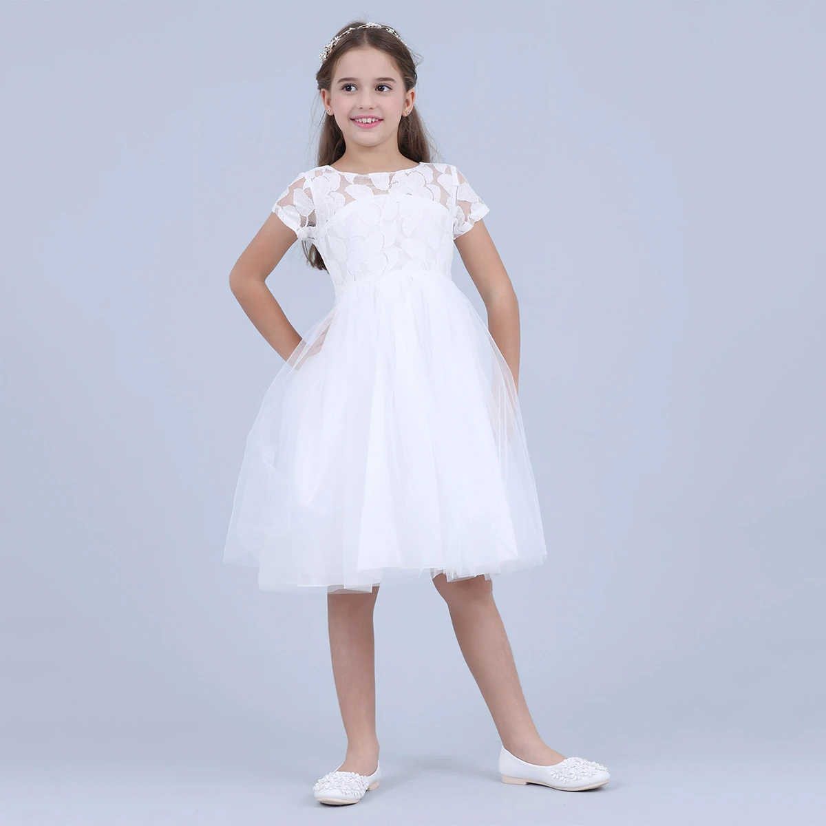 Flowers Short Sleeve White Baby Girl Dress Infant Toddler Summer Ball Gown Lace Christening Party Dresses Kids Girls Clothing