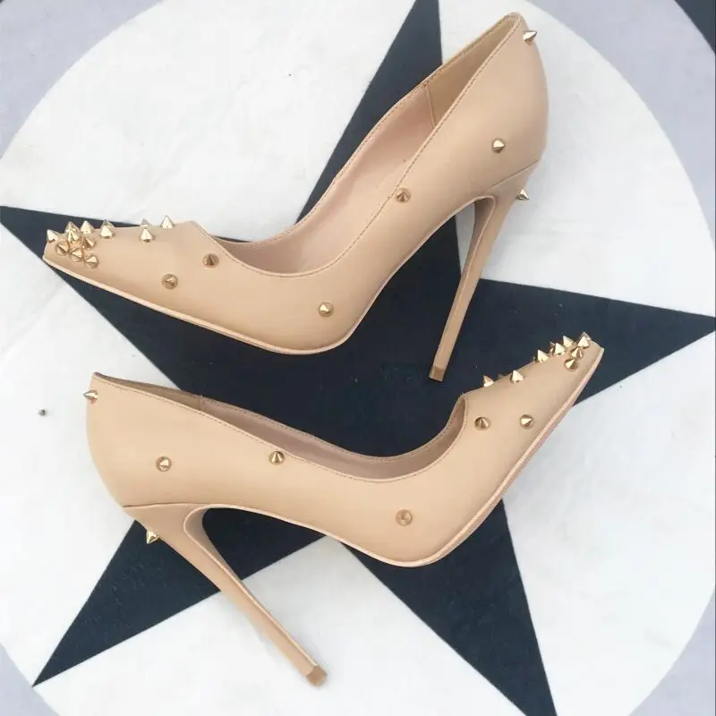 Veowalk Nude Matte Women Fashion Sexy Spikes Pointed Toe Thin Stiletto Pumps Slip On High Heel Party Shoes Plus Size 10 11 12