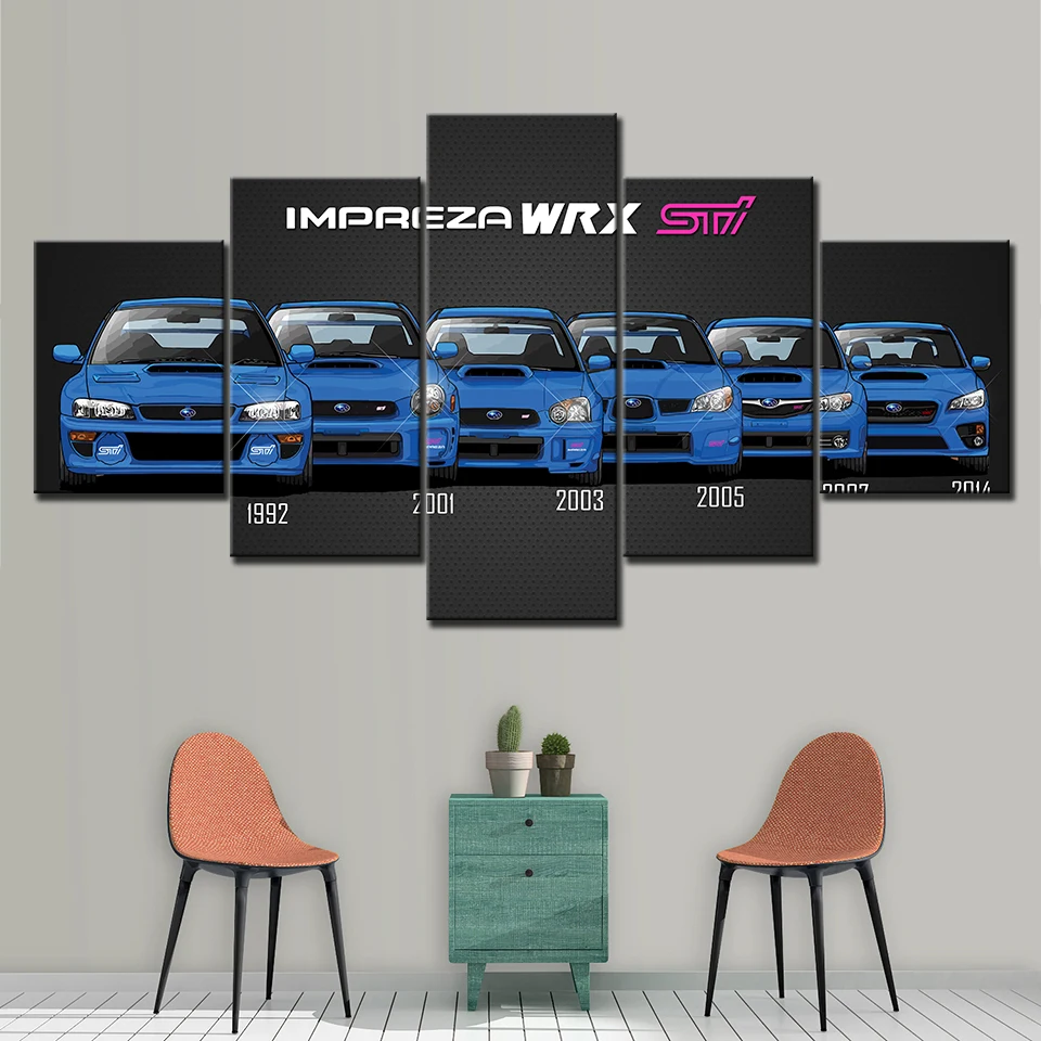 5 Panel Blue WRX STI Car Fashion Modular Wall Art Posters Canvas HD Printed Oil Paintings Pictures For Living Room Home Decor