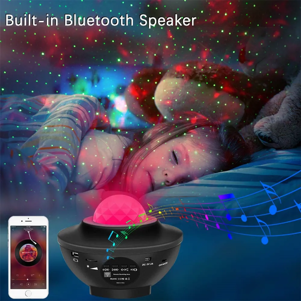DC5V Laser Star Projector Light Night Lamp 2-in-1 Twilight Star Ocean Wave Bluetooth Speaker Voice Control Multifunction