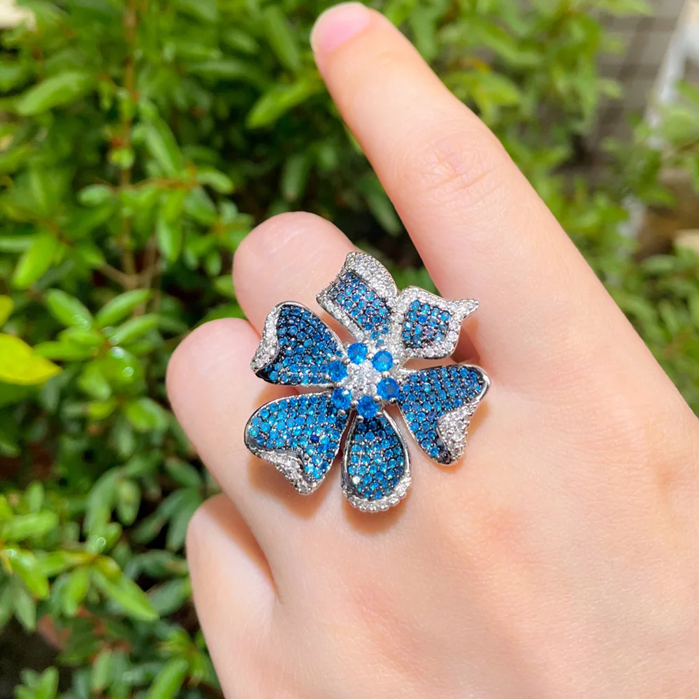 Pera Beautiful Large Flower Shape Blue Cubic Zirconia Wedding Party Adjustable Fidget Rings for Women Decoration Jewelry R175