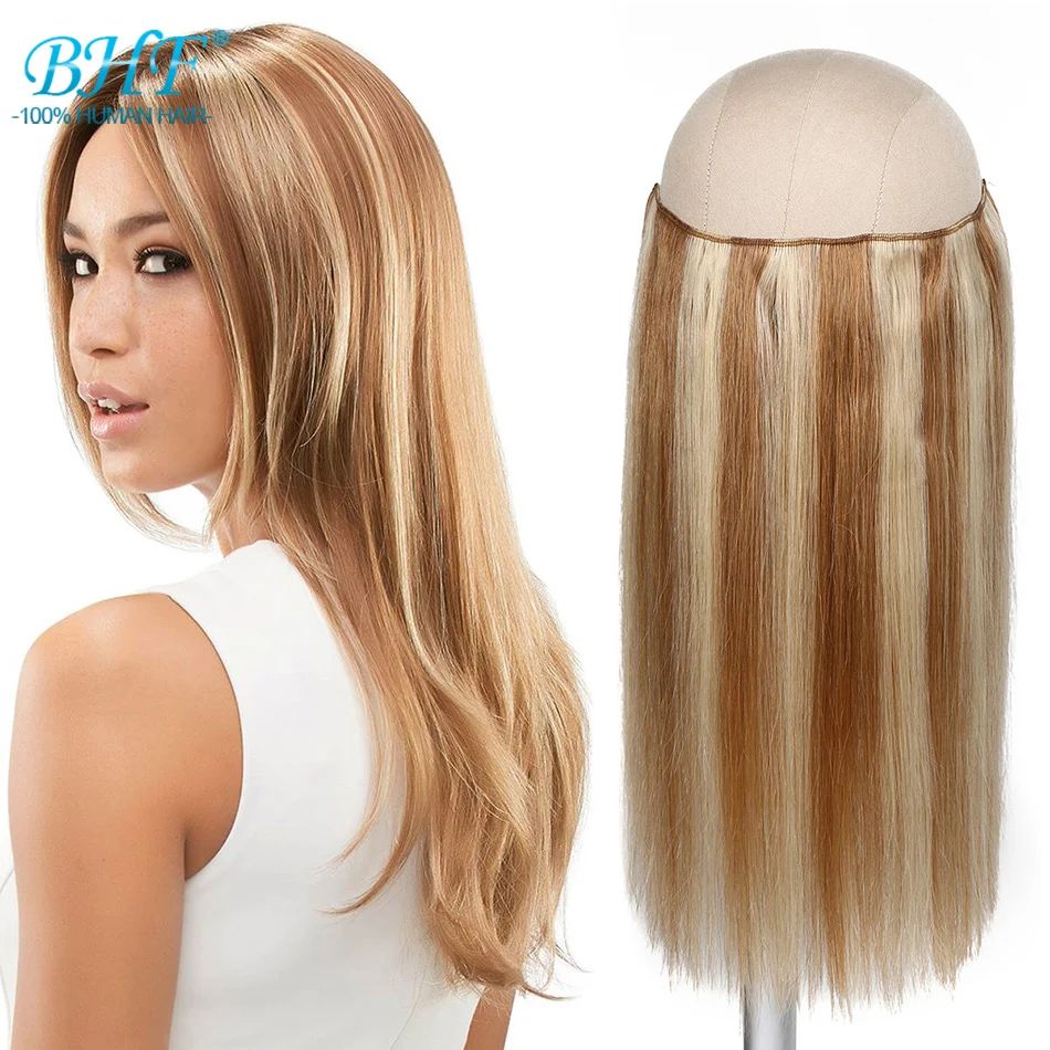 

BHF Fish Line Wire Human Hair Straight European Remy No Clip Invisible Natural Hair Extensions