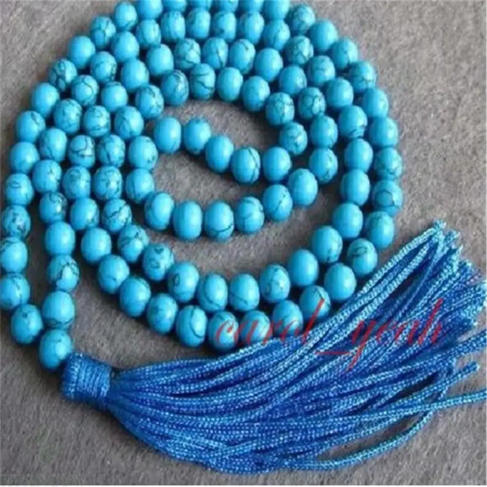 

6mm Dark Blue Turquoise Knotted Tassel 108 Bead Mala Necklace Reiki Prayer Pray Handmade Cuff Men