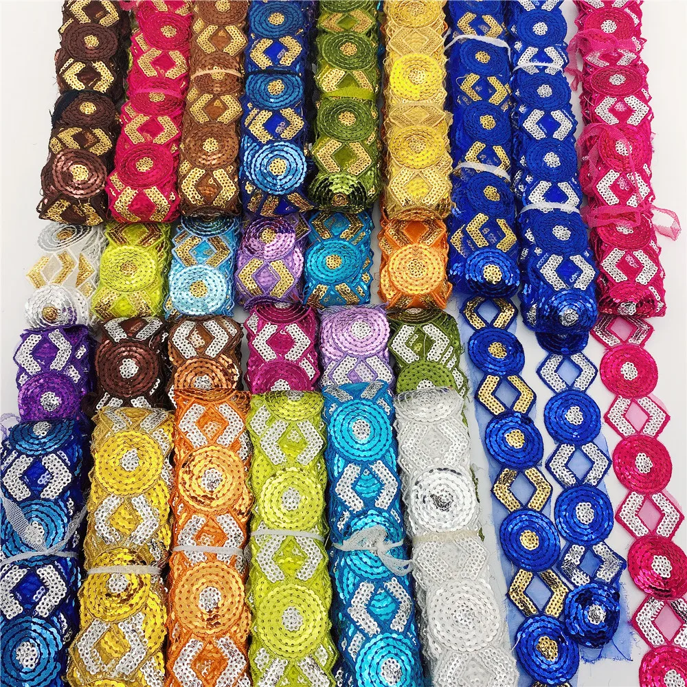 20 Yards Hot selling Sequins  Lace Ribbon African Embroidered Flower Trim  Iron On Fabric Diy Clothes  in stock