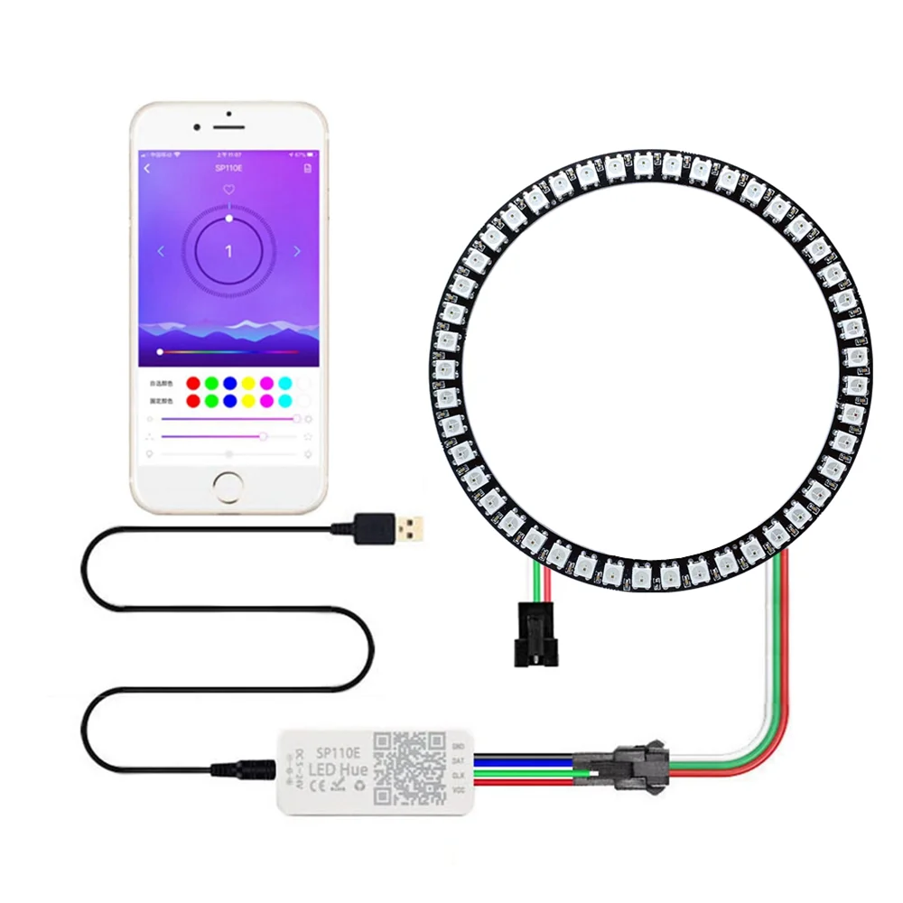 5V WS2812B Led 8/16/24/35/45 Leds Pixel Lamp SP110E Bluetooth Kit RGB Ring Individually Addressable WS2812 IC BuiIt-in Lights