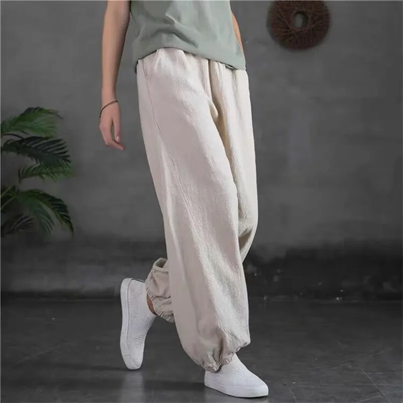 Pantalones bombachos largos de lino y algodón para mujer, pantalón informal holgado de cintura alta elástica, color liso, primavera y otoño, 2024