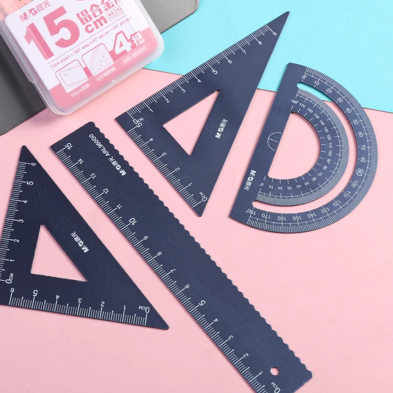 M&G Metal Ruler 15cm Set Stationery for Students Straightedge Triangle Ruler with Wave Line Protractor, Compass Triangle Plate