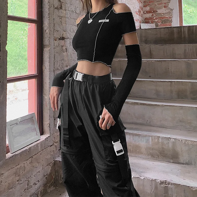 Patchwork Black T-shirts Gothic One Shoulder Sleeve Crop Tops Ruffles Hem Hip Hop Techwear Women Tees