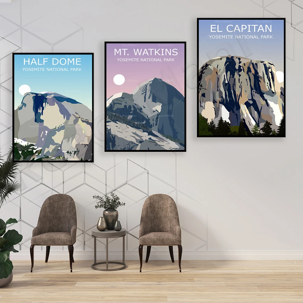 Yosemite National Park landscape, granite boulders, Watkins Mountain, half dome, El Capitan travel posters, mountaineering gifts