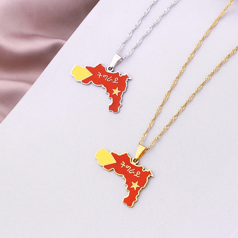 Fashion Enamel Gold Color Tigray Region Map Flag of Ethiopia Pendant Necklaces for Women Girls stainless steel jewelry