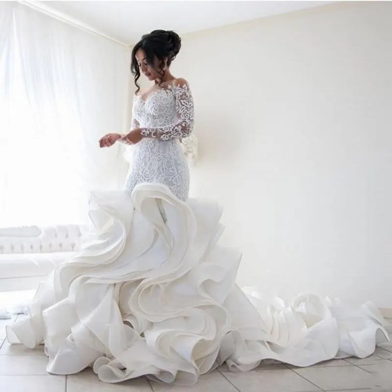 2021 vestidos de casamento com decote em v manga longa rendas apliques vestidos de noiva botão feito sob encomenda volta trem varredura sereia vestido de casamento