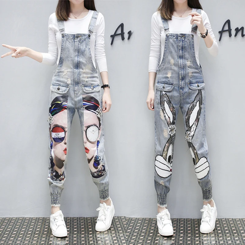 Denim Overalls For Women 2025 Spring Au-tumn Cartoon Character Print Hole Women's Jumpsuits Loose Casual Denim Pants Bodysuit