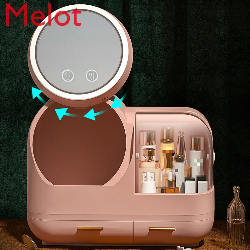 

Cosmetics Storage Box with Mirror Integrated Desktop Finishing Dressing Table Large Capacity Dustproof Skincare Shelves