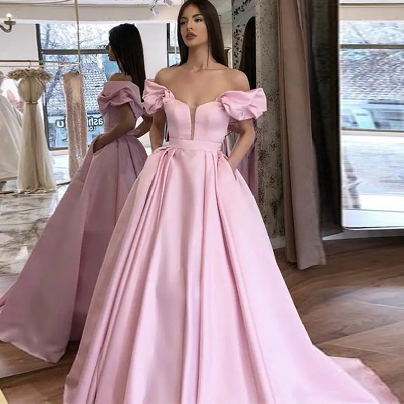 

BridalAffair Pink Prom Dresses Off the Shoulder A Line Floor Length Satin Formal Evening Prom Gown For Woman vestidos de gala