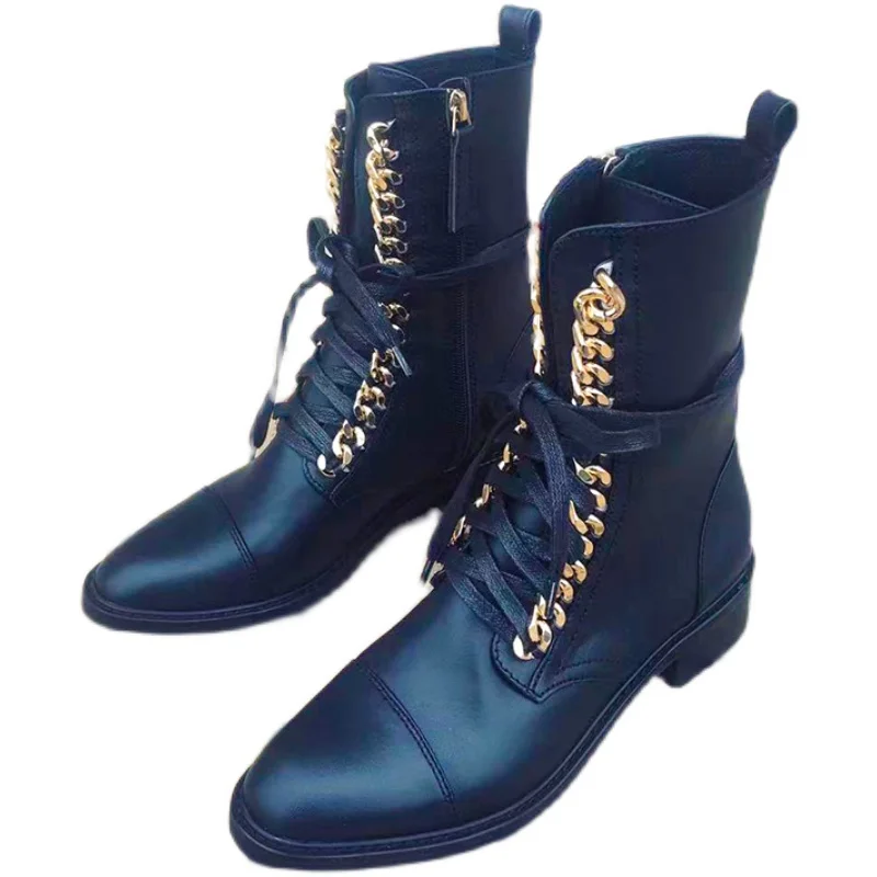 

High Quality Martin Mid Calf Boots Women top Cowhide Straps Winter Golden Chain Real Leather Chelsea Causal Shoes Female Botas