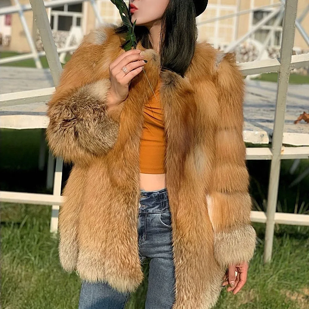 Silver Fox Fur Hooded Coats Women Winter Warm Outerwear High Quality Genuine Fox Fur Thick Fur Coat 2022 New