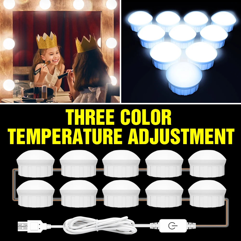 

12V LED Mirror Light Bulb USB Makeup Lamp LED Mirror Fill Light 3 Modes Colors Cosmetic Lighting Hollywood Bathroom Vanity Light