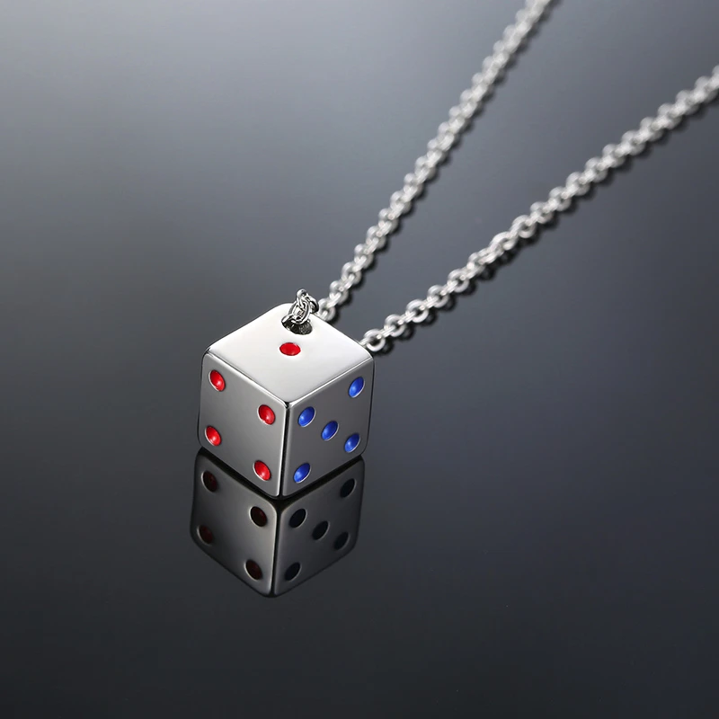 DICE ROLL SILVER COLOR GAMBLERS NECKLACE STAINLESS STEEL FEELING LUCKY SQUARE DICES PENDANT FOR MEN