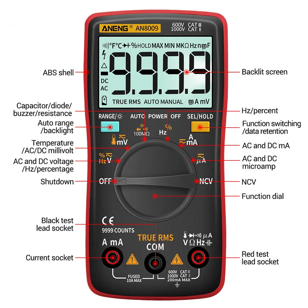 AN8008 Multimeter Digital 9999 counts With Backlight AC/DC Ammeter Voltmeter Ohm Transistor Tester multi meter Auto Range