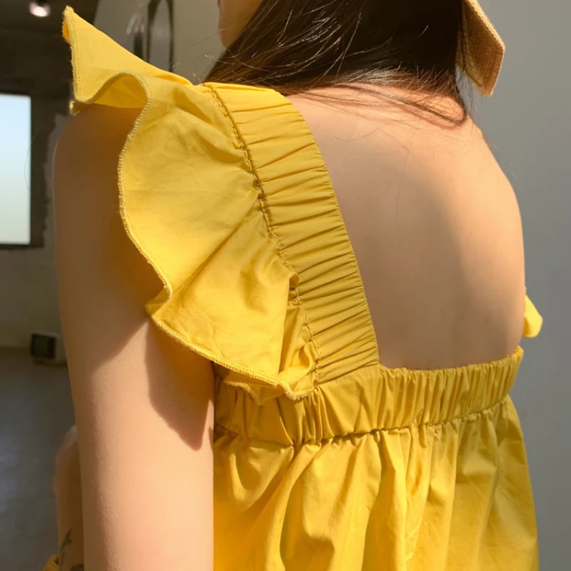 Tanks Frauen Kawaii Solide Französisch Stil Alle-spiel Casual Sommer Rüschen Mode Grundlegende Jugendliche Einfache Crop Tops Neueste Mädchen gemütliche