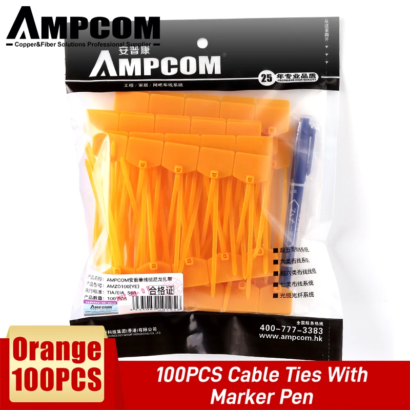 AMPCOM Nylon Kabelbinders met Markering - Beschrijfbaar op Ethernet-kabel |   Zelfvergrendelend |   Gratis afdrukbare etiketten - 4,72 inch, 5 kleuren