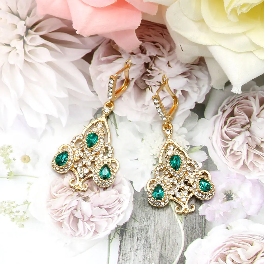 Sunspicems Ethnic Morocco Wedding Earring Gold Color Full Rhinestone for Women DuBai Bridal Jewelry Hook Dangle Ear Pendants