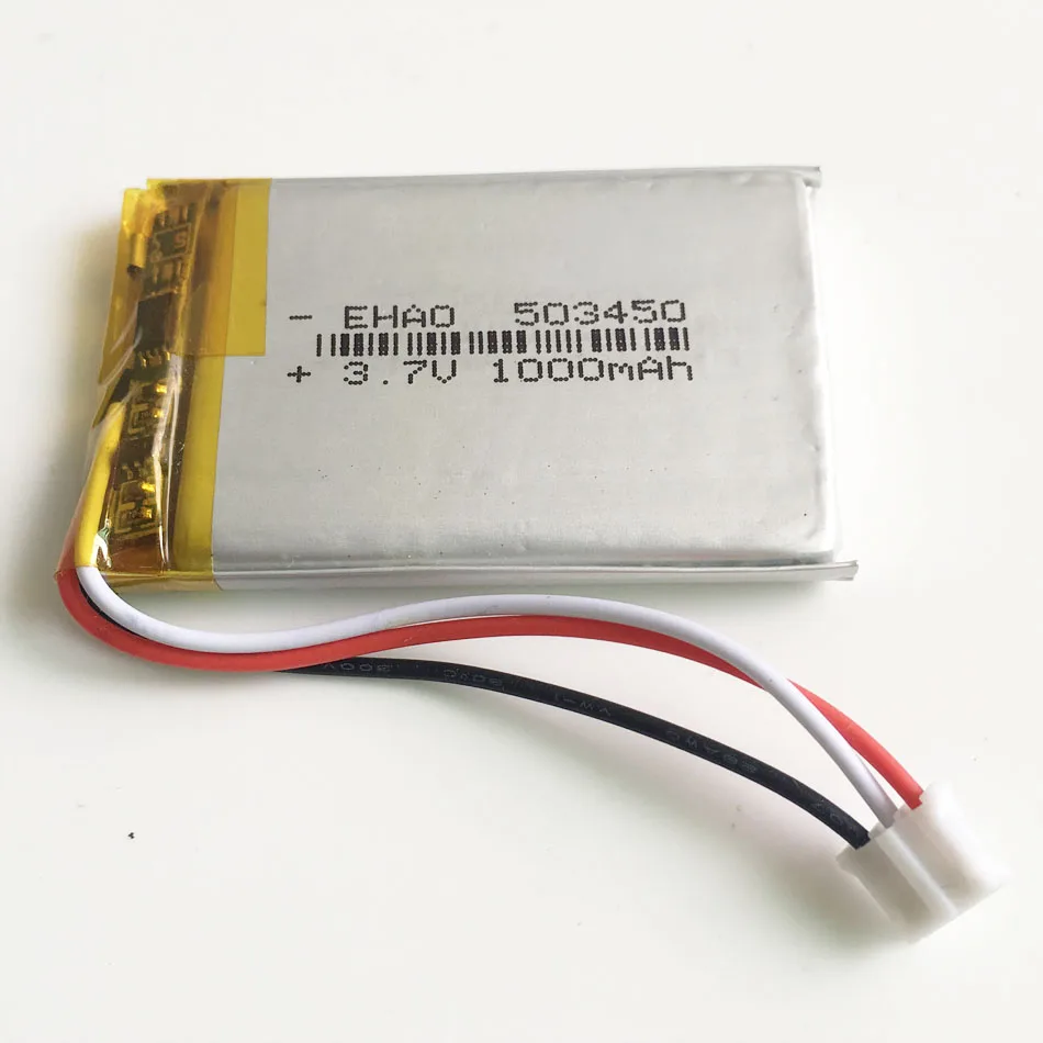 Akumulator litowo-polimerowy LiPo 3,7 V 1000 mAh 503450   + Wtyczka JST 3pin do kamery MP3 Rejestrator Bluetooth Głośnik LEDLight