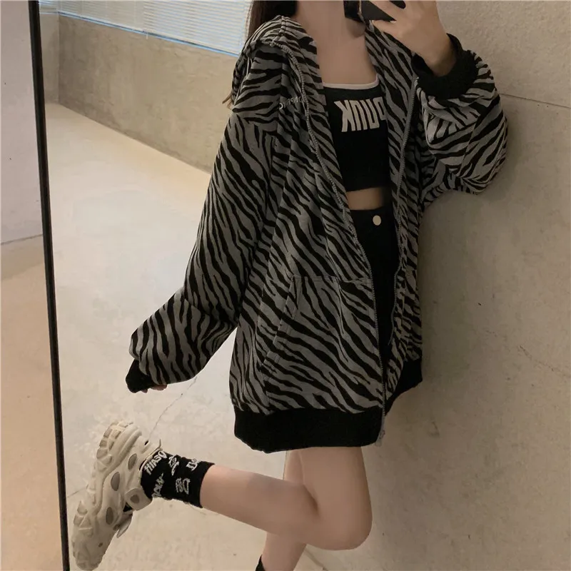 Bluzy damskie Zebra-print Baggy jesień Design Streetwear nastolatki w stylu BF Ins podstawowe neutralne panele Vintage powszechne Femme