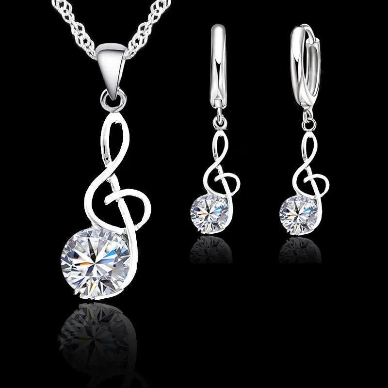 Musical Notes Jewelry Sets 925 Sterling Silver Cubic Zirconia Symbols Pendant Necklaces Hoop Earrings Sets For Women