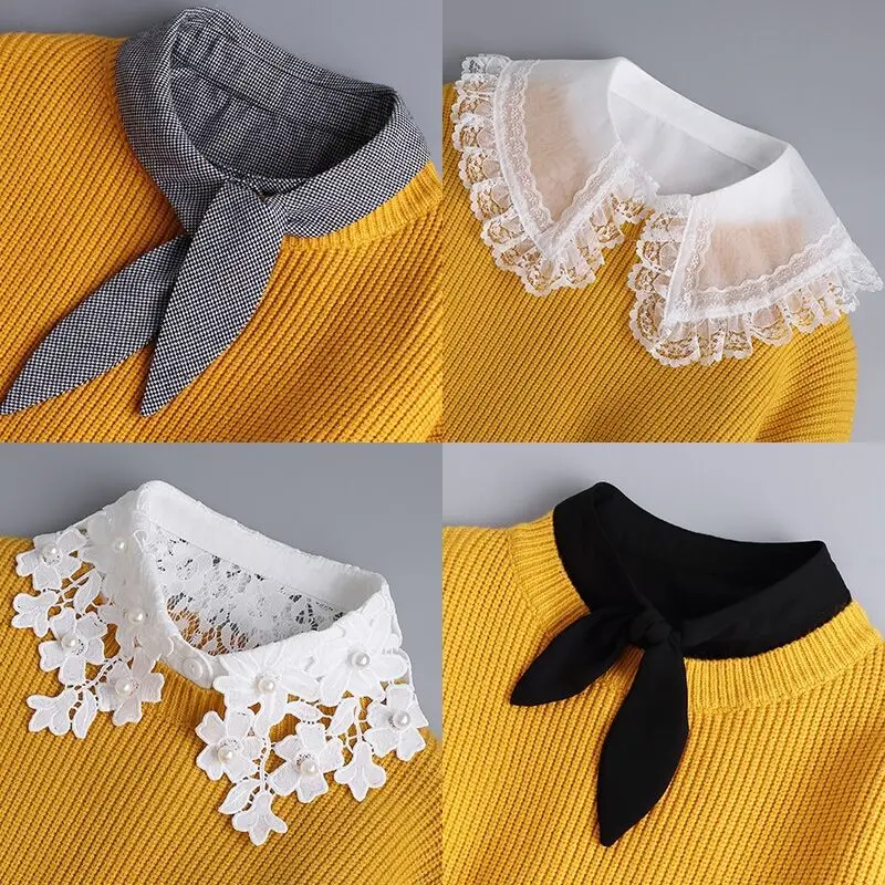 

Front Tie White Fake Collar Shirt for Women Lace Detachable Collar Fake Girls Vintage Chiffon Ladies False Blouse Collar Decor